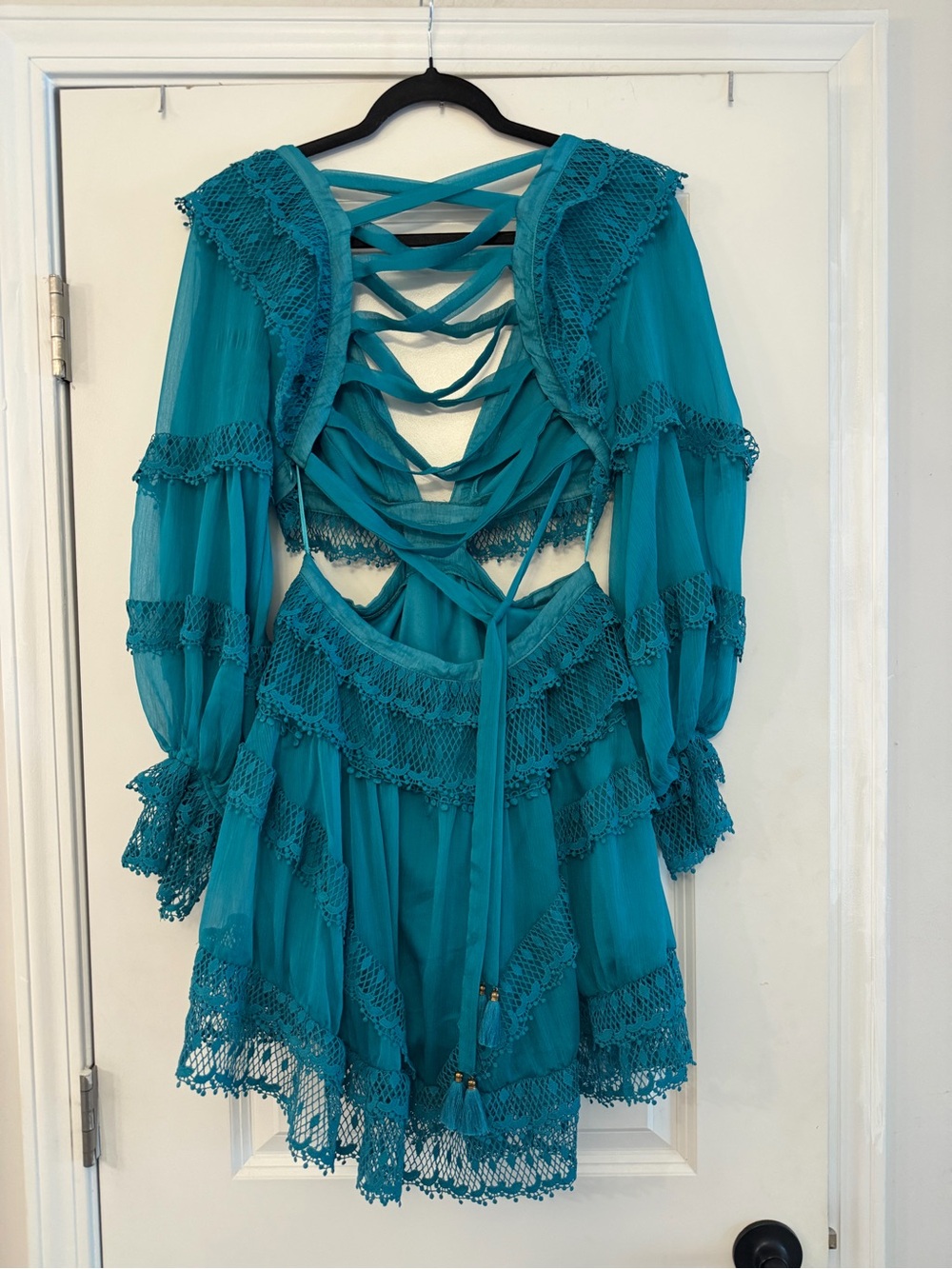 Teal Lace-Up Boho Mini Dress